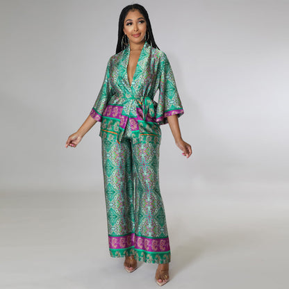 Patterned Satin Kimono Top & Pants Set