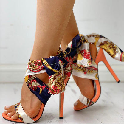 Faux Silk Tie Orange Heels