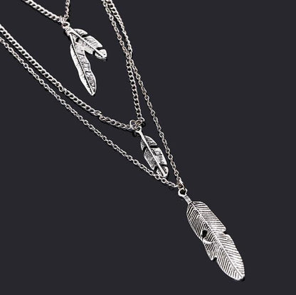 Silver Coin & Feather Charm Layered Necklace