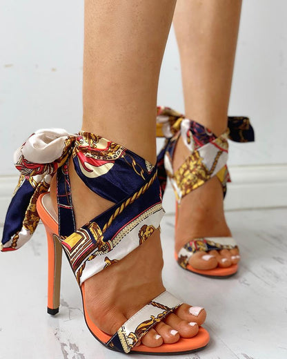 Faux Silk Tie Orange Heels