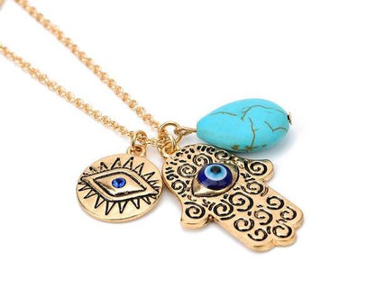 Turquoise Necklace with Evil Eye & Buddha Palm