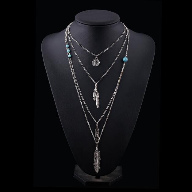 Silver Coin & Feather Charm Layered Necklace