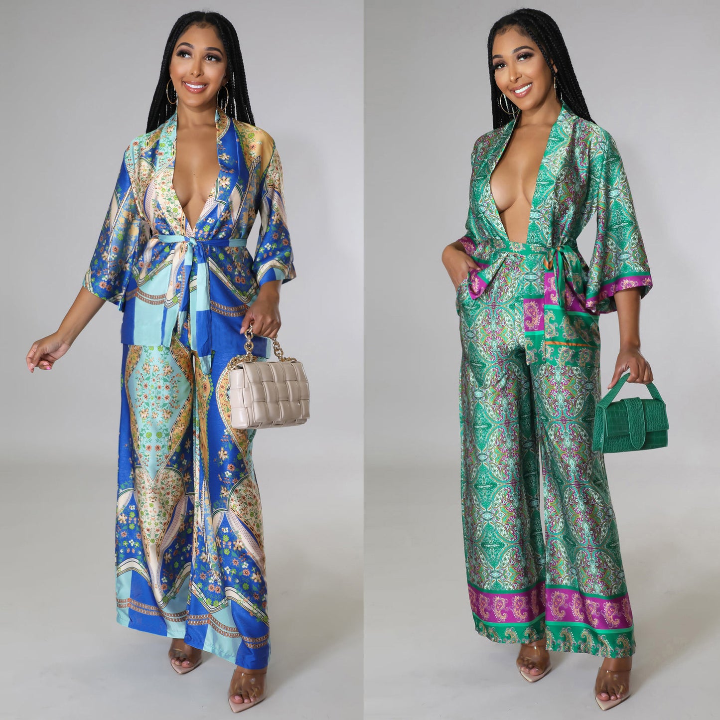 Patterned Satin Kimono Top & Pants Set