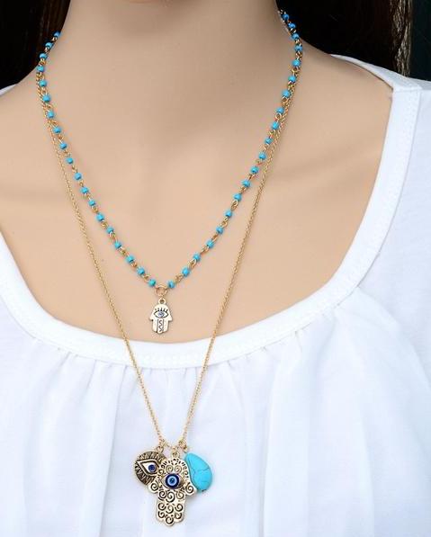 Turquoise Necklace with Evil Eye & Buddha Palm