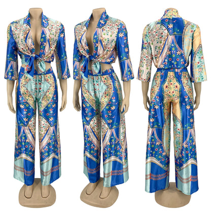 Patterned Satin Kimono Top & Pants Set