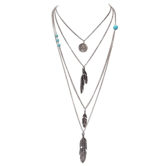 Silver Coin & Feather Charm Layered Necklace