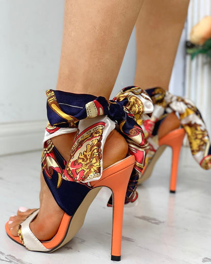 Faux Silk Tie Orange Heels