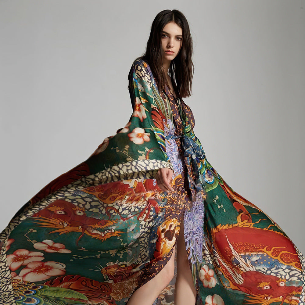 Dragon Print Long Kimono/Robe