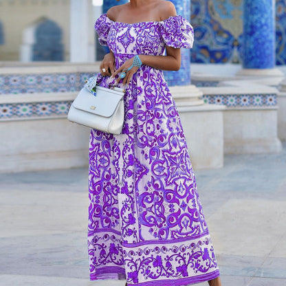 Off-neck Bohemian Printed Dress