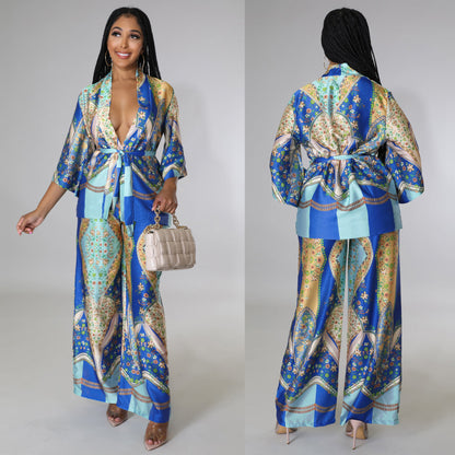 Patterned Satin Kimono Top & Pants Set