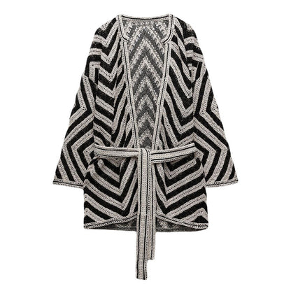 Zig Zag Cardigan with Belt - Kimono Style