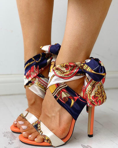 Faux Silk Tie Orange Heels