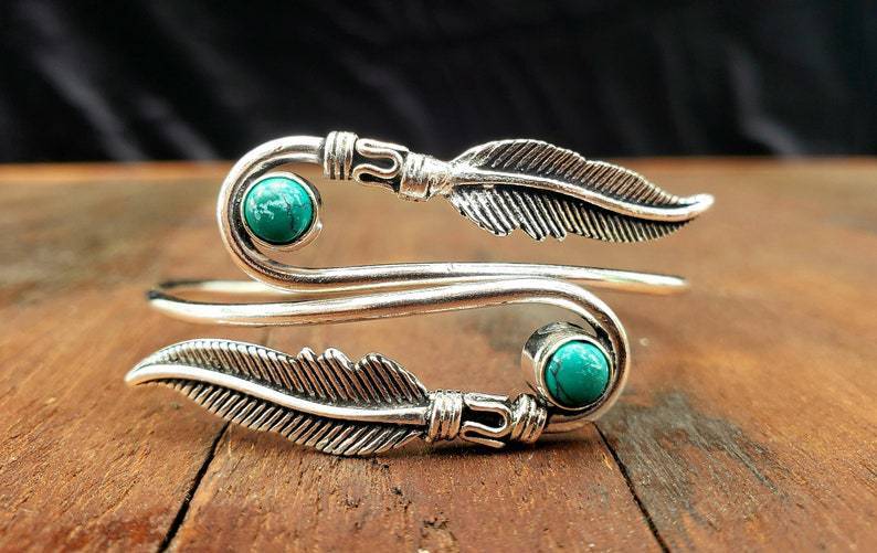 Feather & Stone Silver Wrap Bracelet