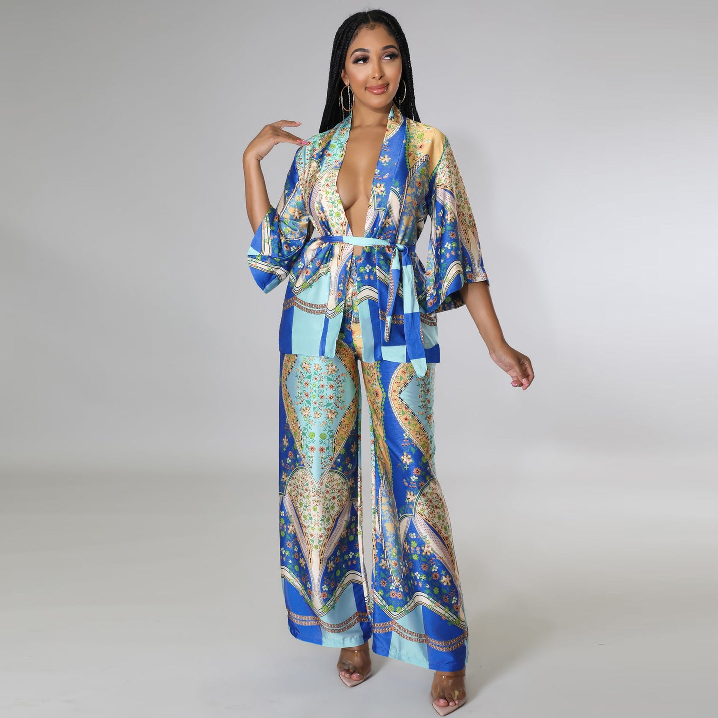 Patterned Satin Kimono Top & Pants Set