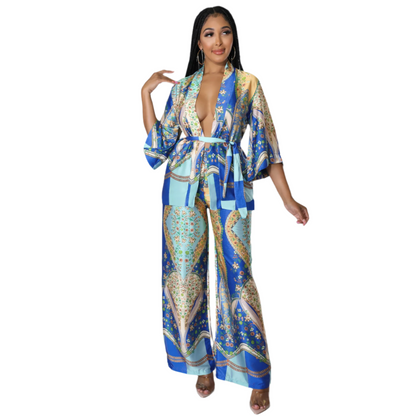 Patterned Satin Kimono Top & Pants Set