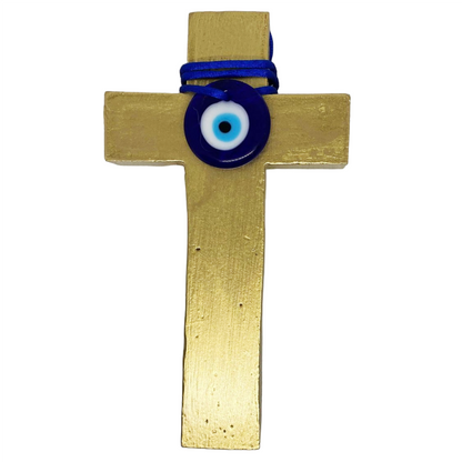 Handmade Gold Cross with Evil Eye Charm