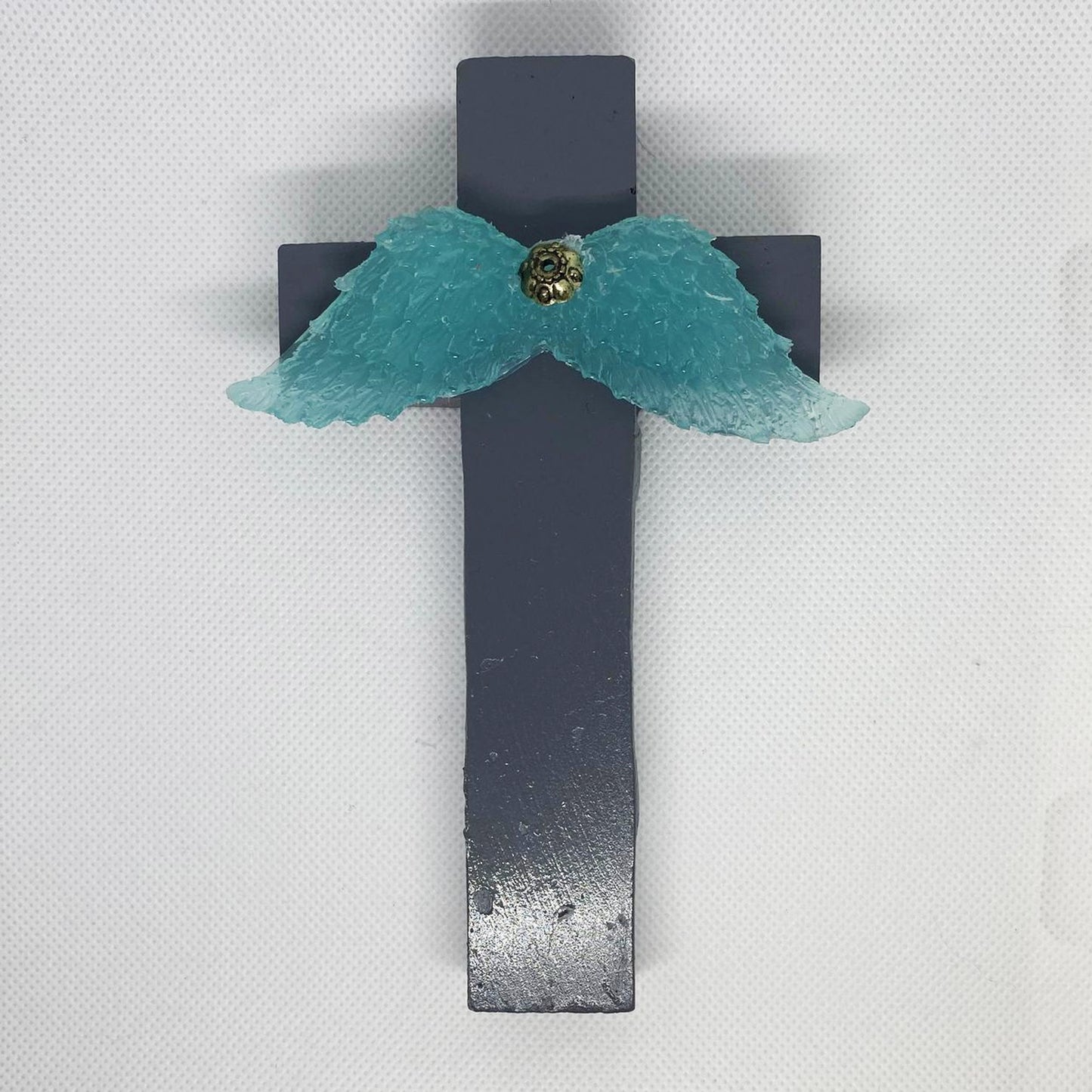 Handmade Grey Cross with Angel Wing Charm