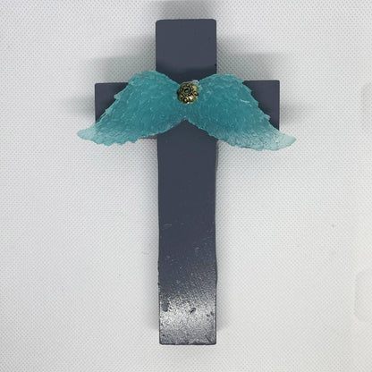 Handmade Grey Cross with Angel Wing Charm