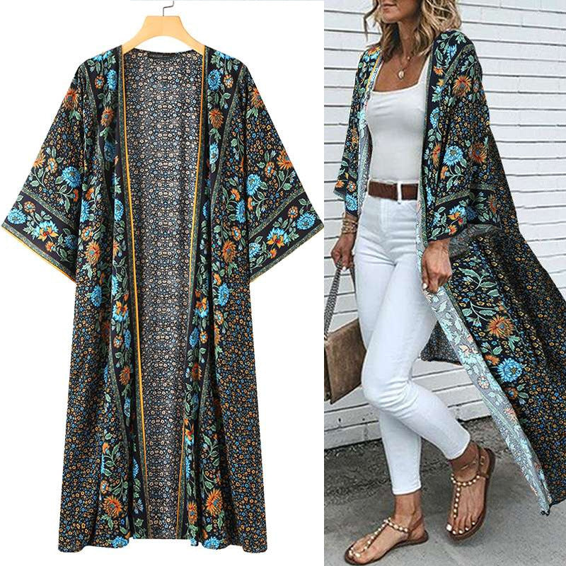 Boho Chic Floral Print Long Kimono/Robe