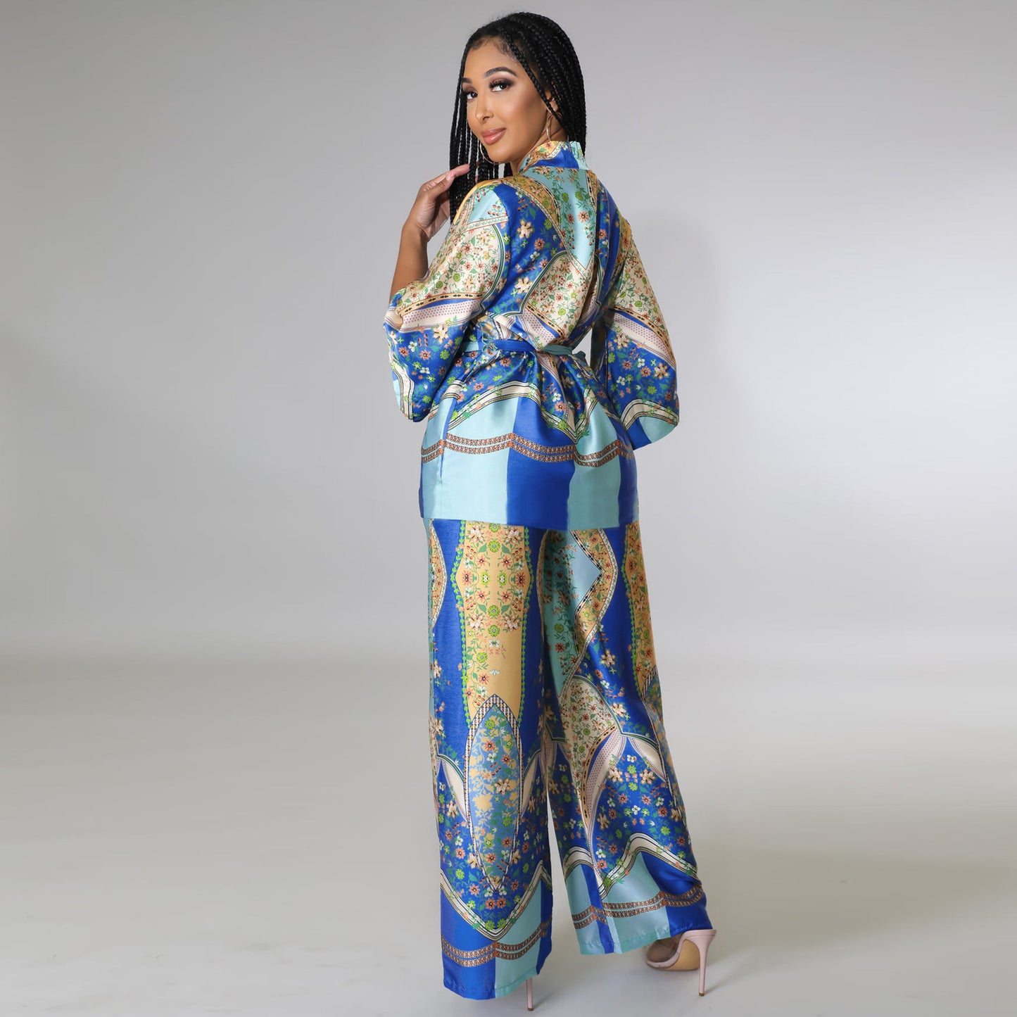 Patterned Satin Kimono Top & Pants Set