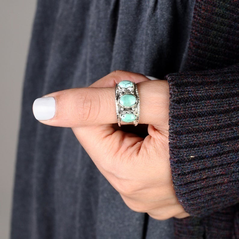 Chunky Silver Ring with Turquoise Stones