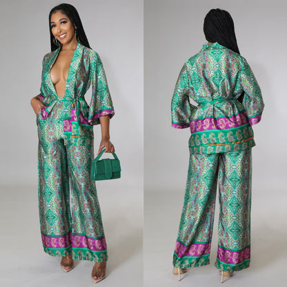 Patterned Satin Kimono Top & Pants Set