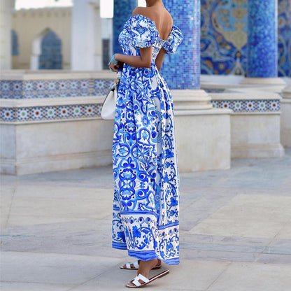 Off-neck Bohemian Printed Dress